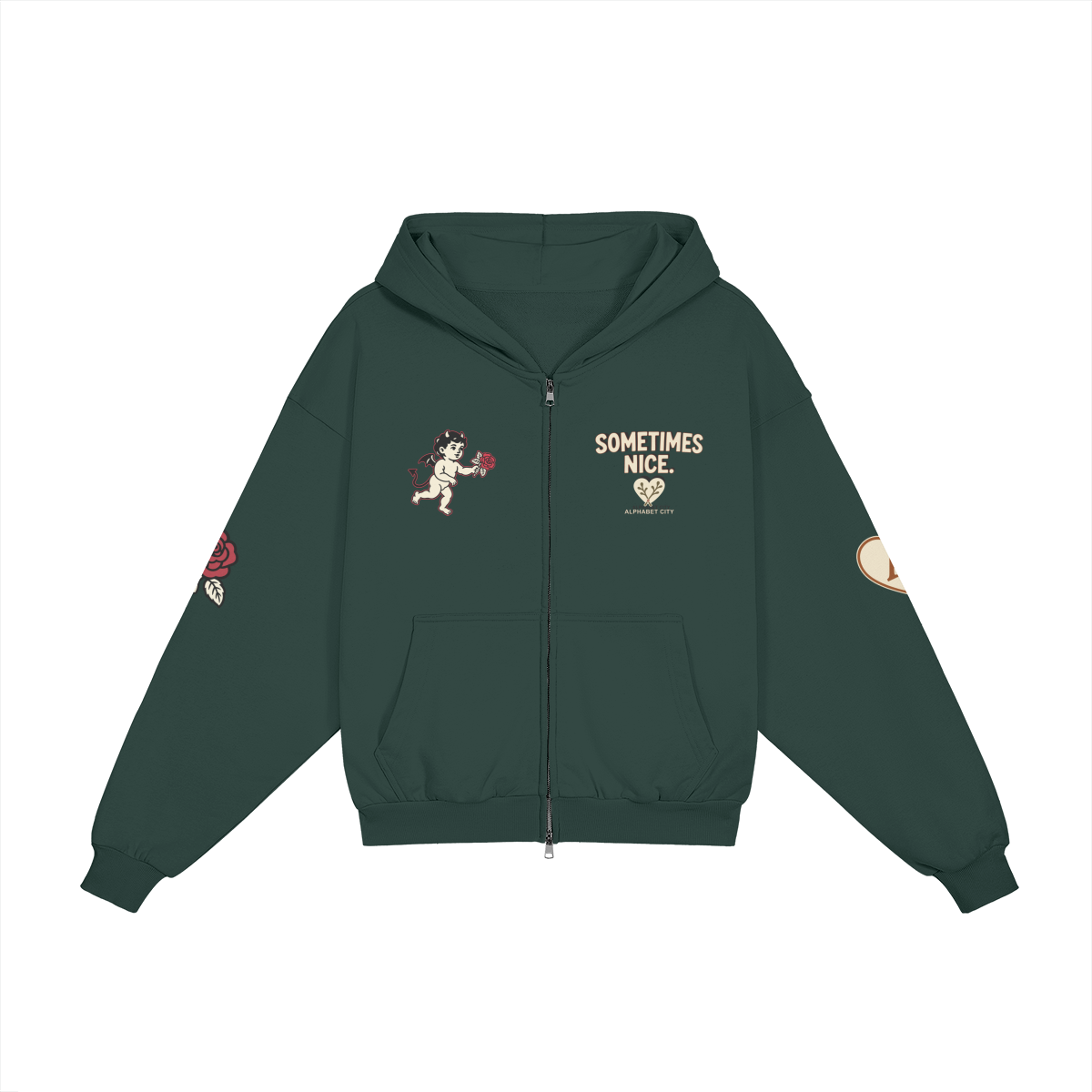 Good&Bad Zip Hoodie in Green, front view