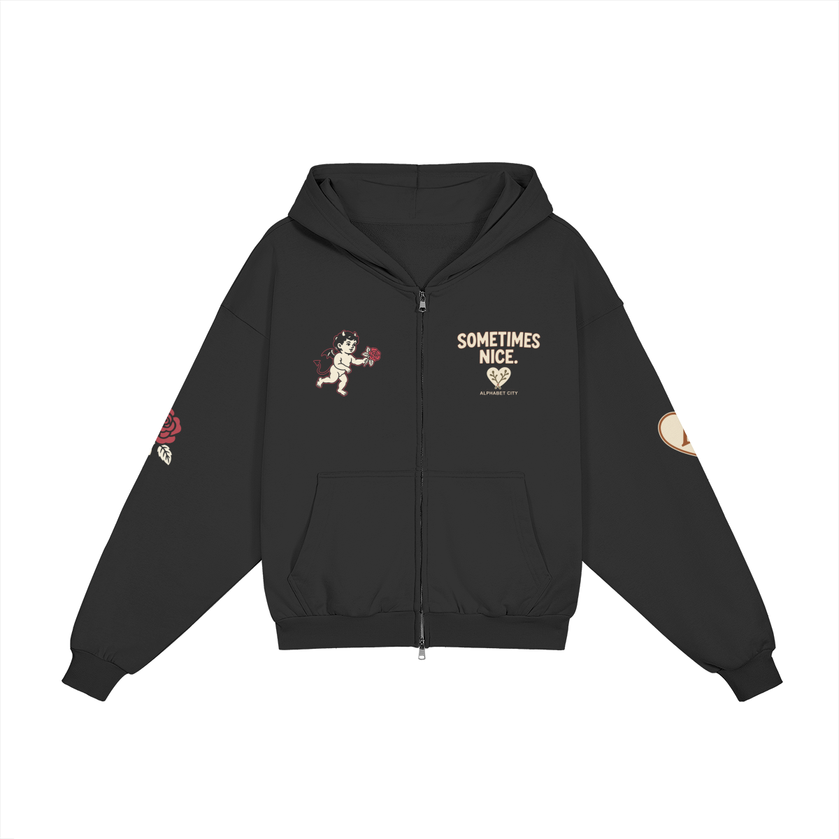 Good&Bad Zip Hoodie in Black, front view