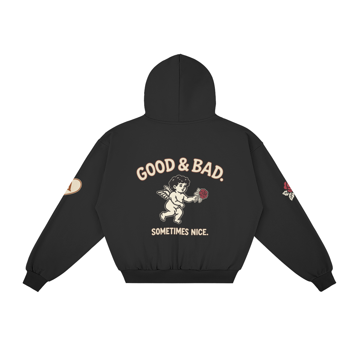 Good&Bad Zip Hoodie in Black, back, angled view