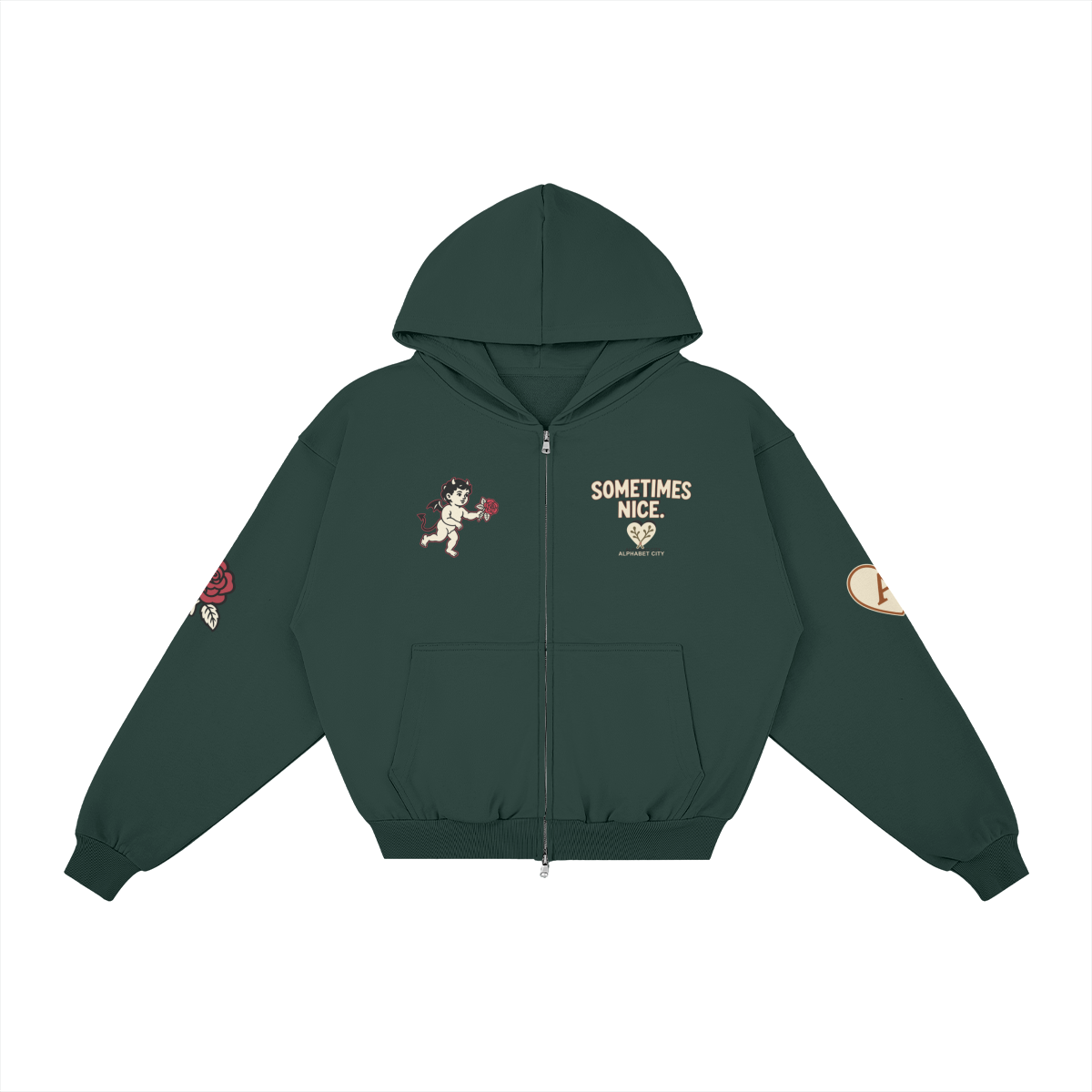 Good&Bad Zip Hoodie in Green, front, angled view