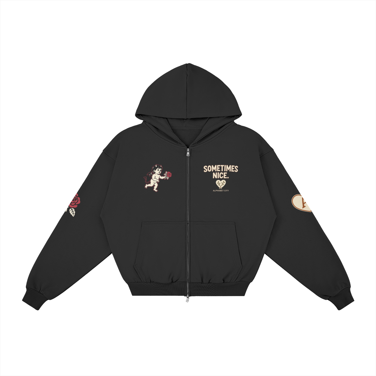 Good&Bad Zip Hoodie in Black, front, angled view