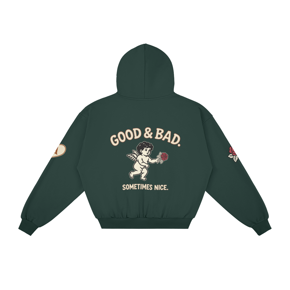 Good&Bad Zip Hoodie in Green, back, angled view
