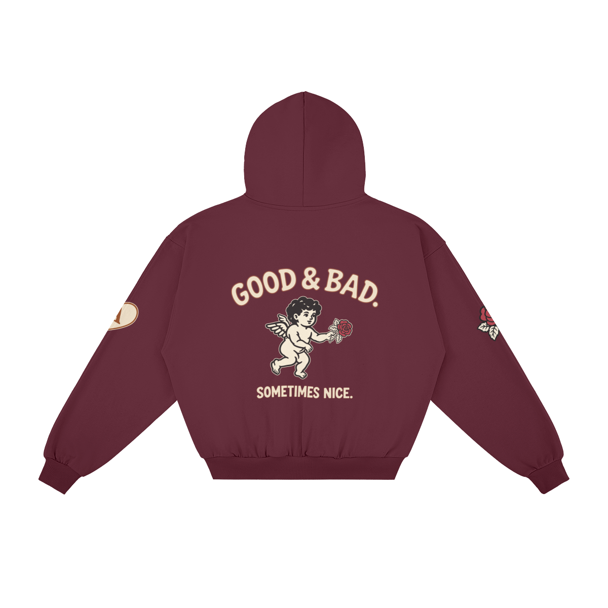 Good&Bad Zip Hoodie in Red, back, angled view