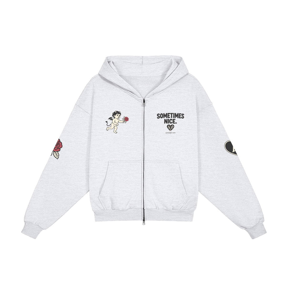 Good&Bad Zip Hoodie in Light Gray, front view