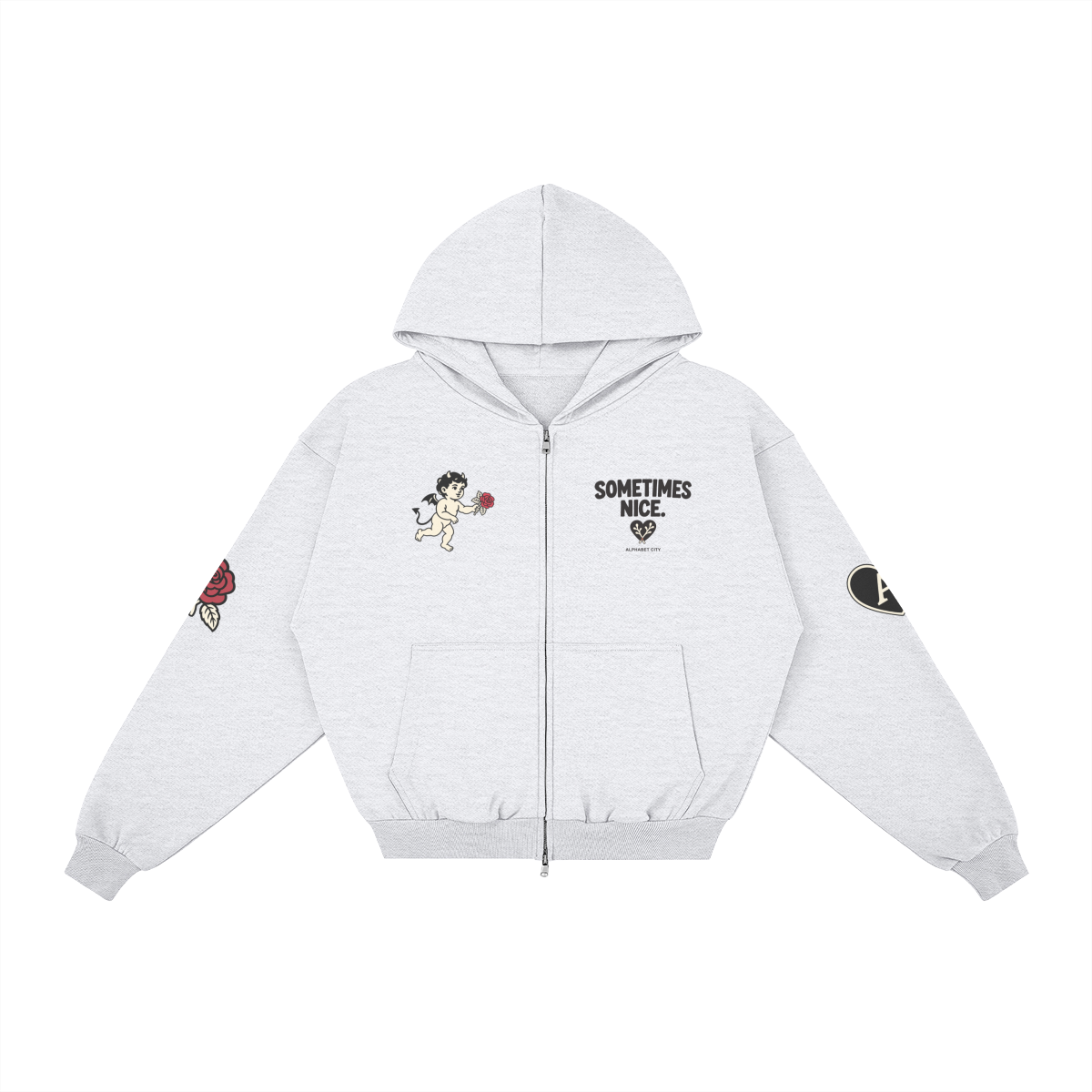 Good&Bad Zip Hoodie in Light Gray, front, angled view
