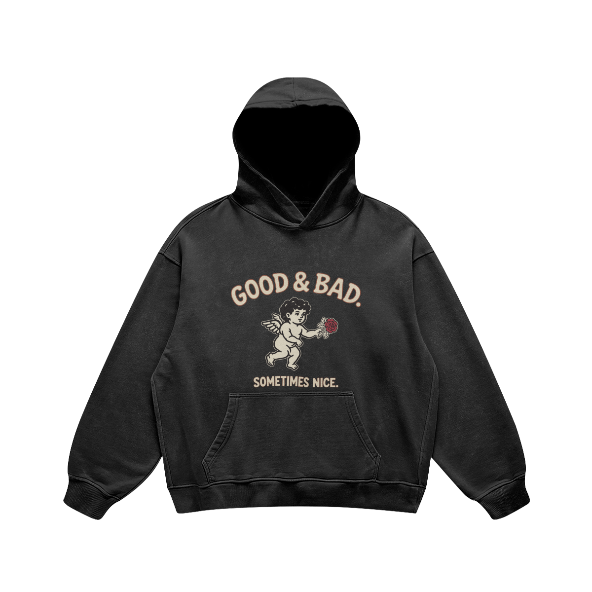 Good&Bad Heavyweight Pullover Hoodie in Faded Black, front, angled view