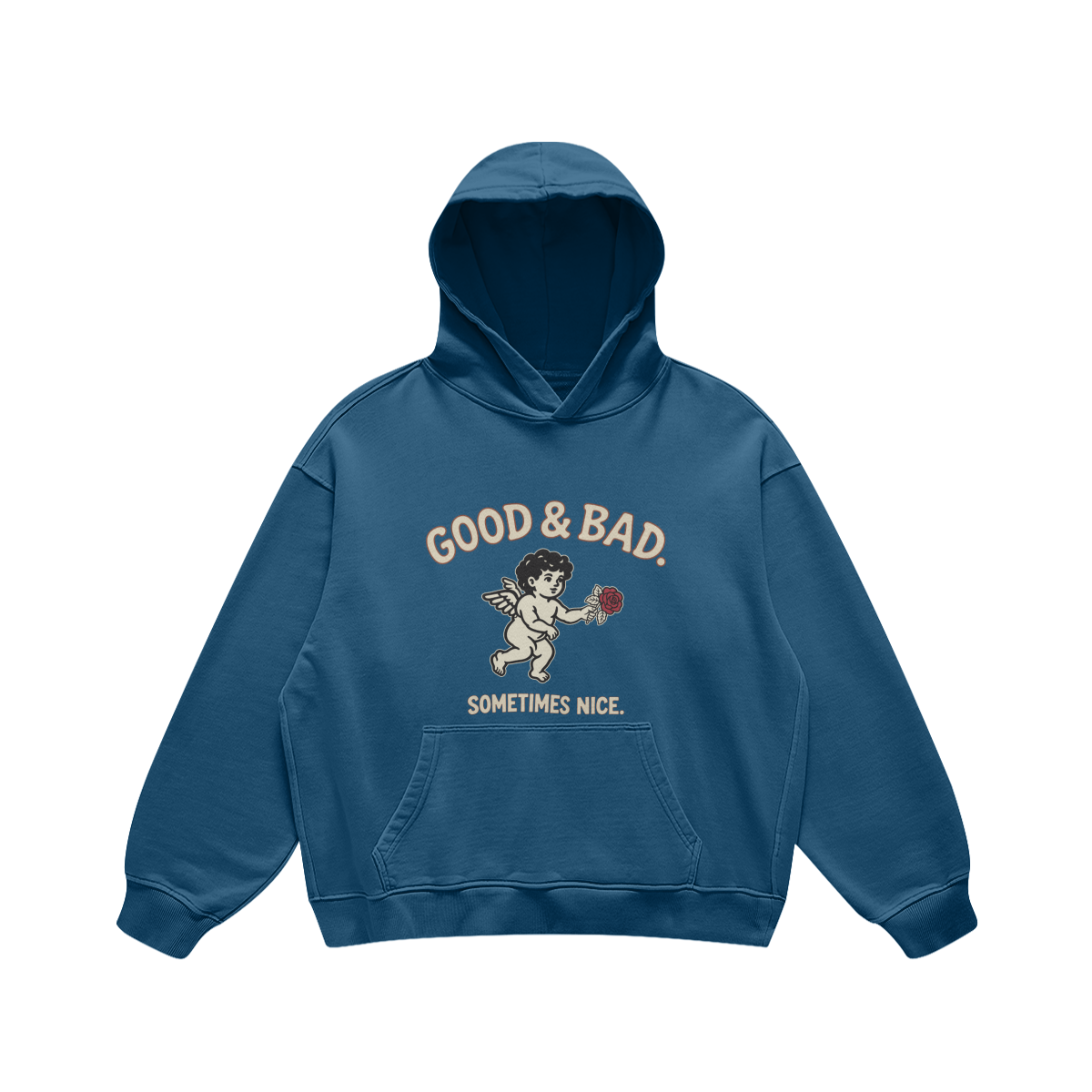 Good&Bad Heavyweight Pullover Hoodie in Kashmir Blue, front, angled view
