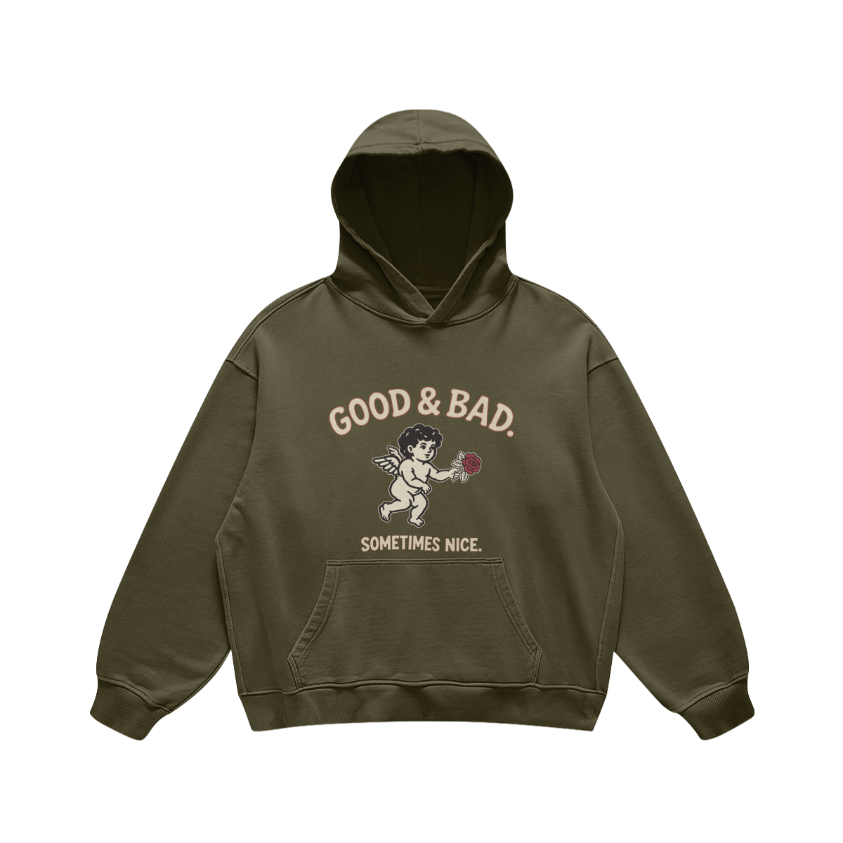 Good&Bad Heavyweight Pullover Hoodie in Olive Green, front, angled view