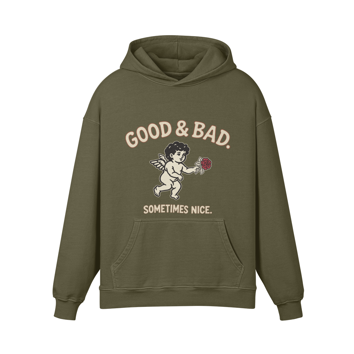 Good&Bad Heavyweight Pullover Hoodie in Olive Green, front view