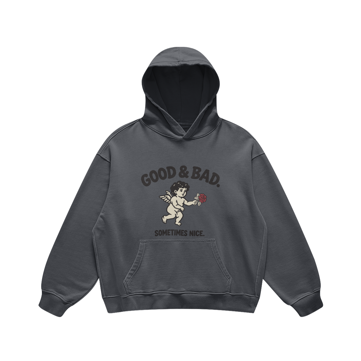 Good&Bad Heavyweight Pullover Hoodie in Carbon Gray, front, angled view