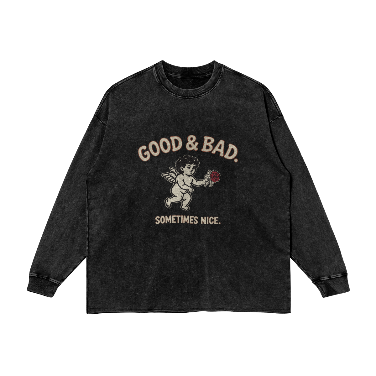 Good&Bad Long Sleeve Tee in Faded Black, front, angled view